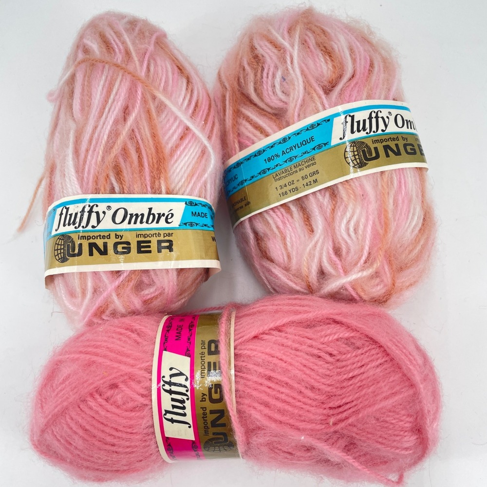 Vintage William Unger Fluffy Yarn Lot 3 Skeins Pink Ombre Acrylic Made in France